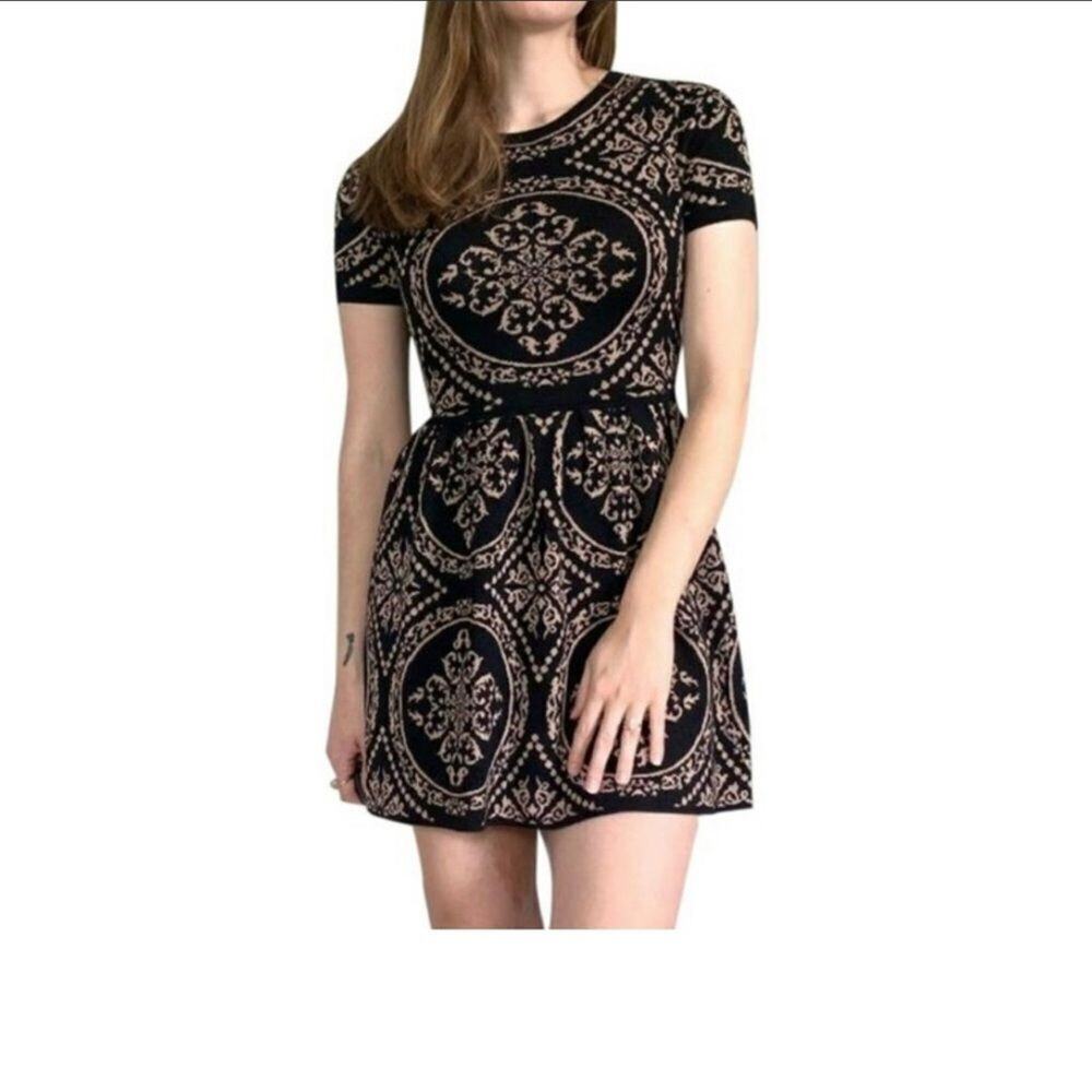 Romeo & Juliet Couture Black & Brown Damask Inarsia Knit Sweater Dress M